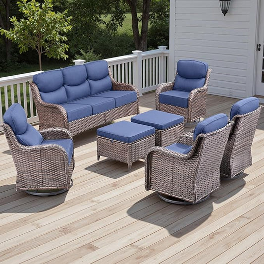 Rilyson Wicker Outdoor Patio Furniture Set - 7 Piece Patio Conversation Sets with Swivel Rocker Chairs, Ottomans and Sofa, 6 inch Cushions, Waterproof Wicker, for Porch Deck Brown/Blue