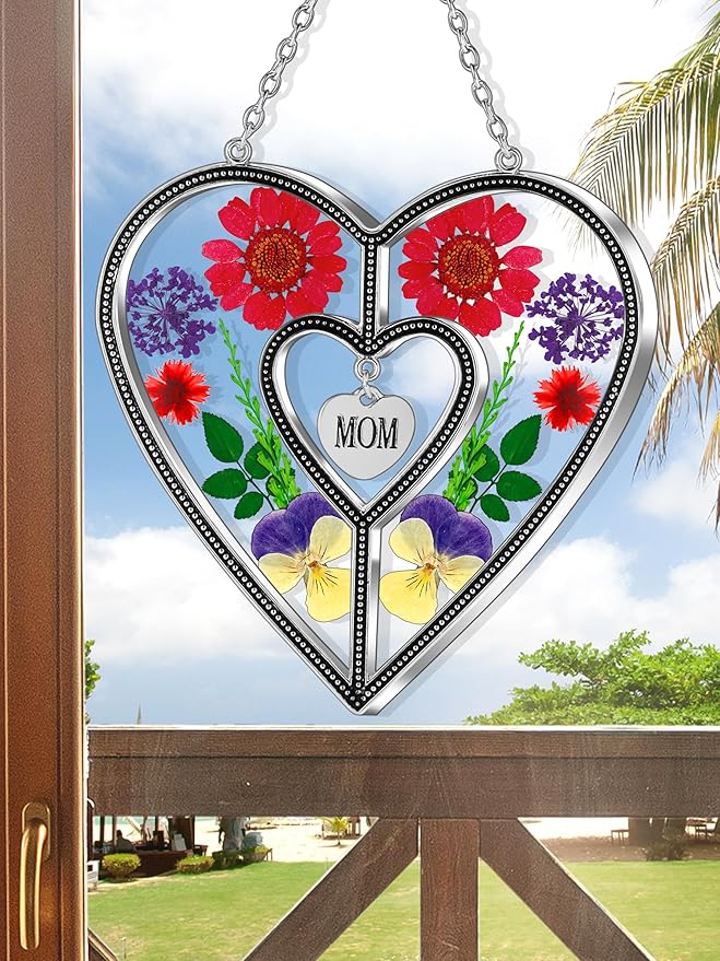 KY&BOSAM Heart Suncatcher Mom Gift Ornament Stained Glass Panles Hangings for Windows Sun Catcher with Pressed Flower Heart in Glass Birthday Gifts for Women Mother`s Day Christmas Home Garden Decor