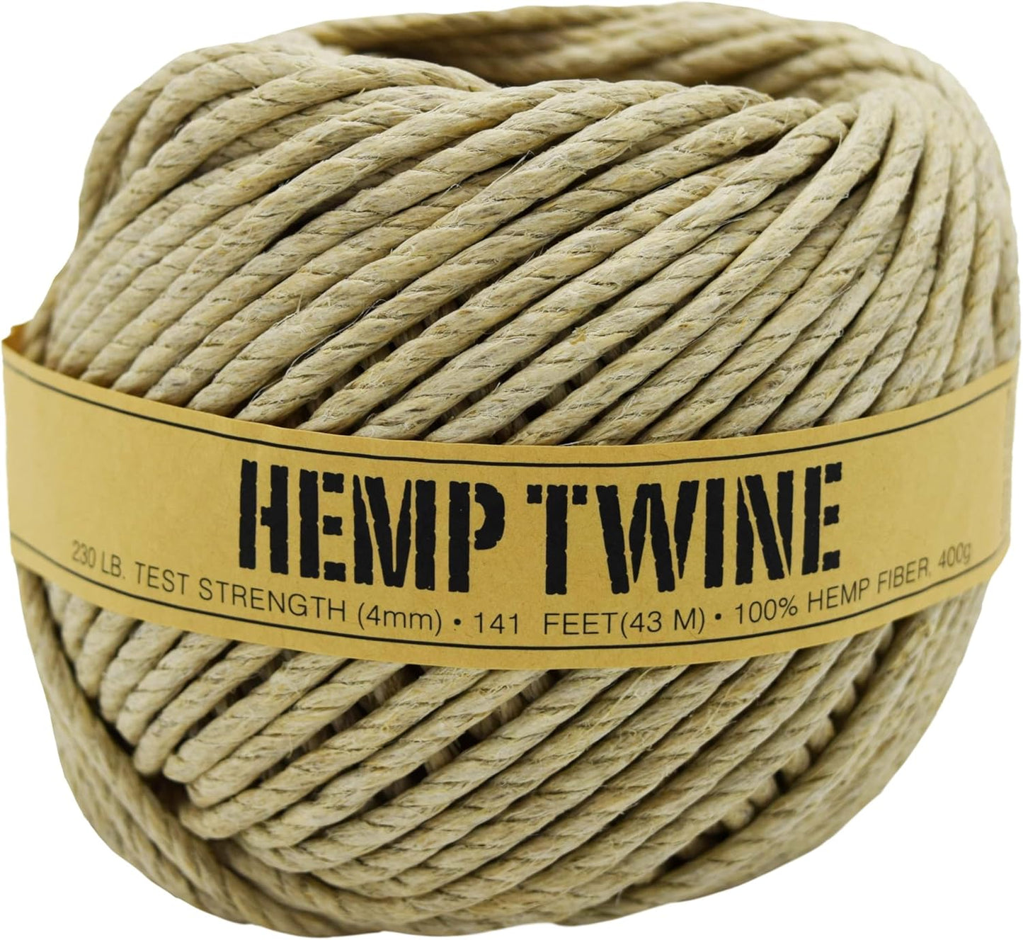 Hemp Twine for Gardening - Twine for Crafts - Organic Natural Hemp String for Jewelry Making - Strong Durable Cord for Decoration, Macrame + Cooking - 4MM 400G/140 Ft. - 230 lb Test Strength - Natural
