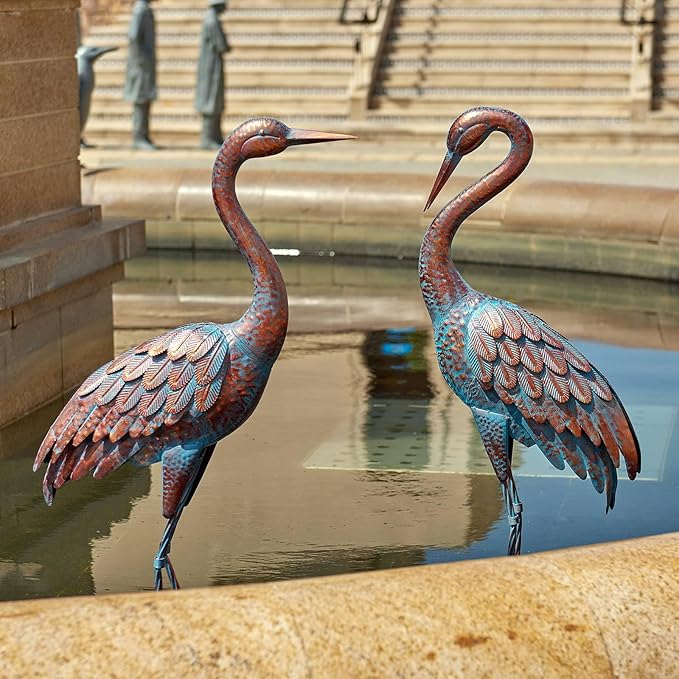 Kircust Garden Crane Statues Patina Heron Decoy, Standing Metal Crane Sculptures Bird Yard Art for Outdoor Decor, Set of 2