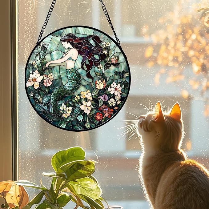 Stained Glass Window Hanging - Teal Sleeping Mermaid Suncatcher for Door Terrace Garden Home Decor, Sea of Flowers Sun Catcher Birthday Gifts for Lovers Women Men Dad Mom Nana 9.8 in