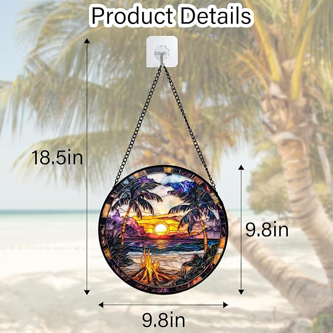 Stained Glass Window Hanging,Bonfire Beach Landscape Suncatcher Diamond Glass Panel Sun Catchers Decor for Birthday for Women, Men, Wife, Aunt, and Mom 9.8 in