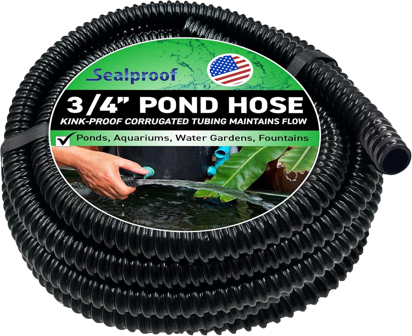 Sealproof 3/4" Dia Corrugated Pond Tubing 3/4-Inch ID, 20 FT Long, Black Kink Free Strong and Flexible Made in USA PVC Tubing