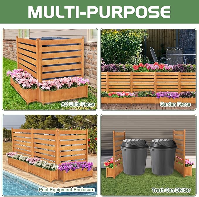Air Conditioner Fence, Outdoor Wood Privacy Screens for Outside with Planter Box, No Dig Trash Can AC Fence Pool Equipment Enclosure Panels 36" W x 45" H (2 Panels)