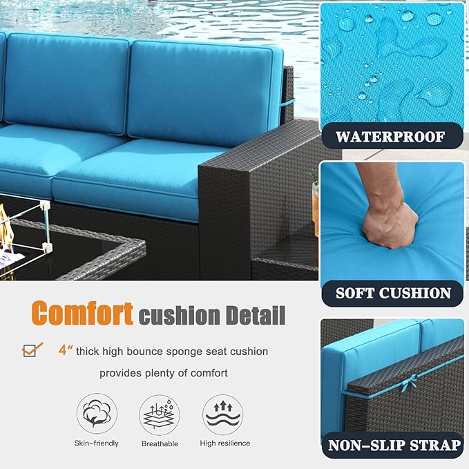 Patio Furniture Set with Fire Pit Table, 7 Pieces Outdoor All-Weather Wicker Conversation Sectional Chair Sofa Set