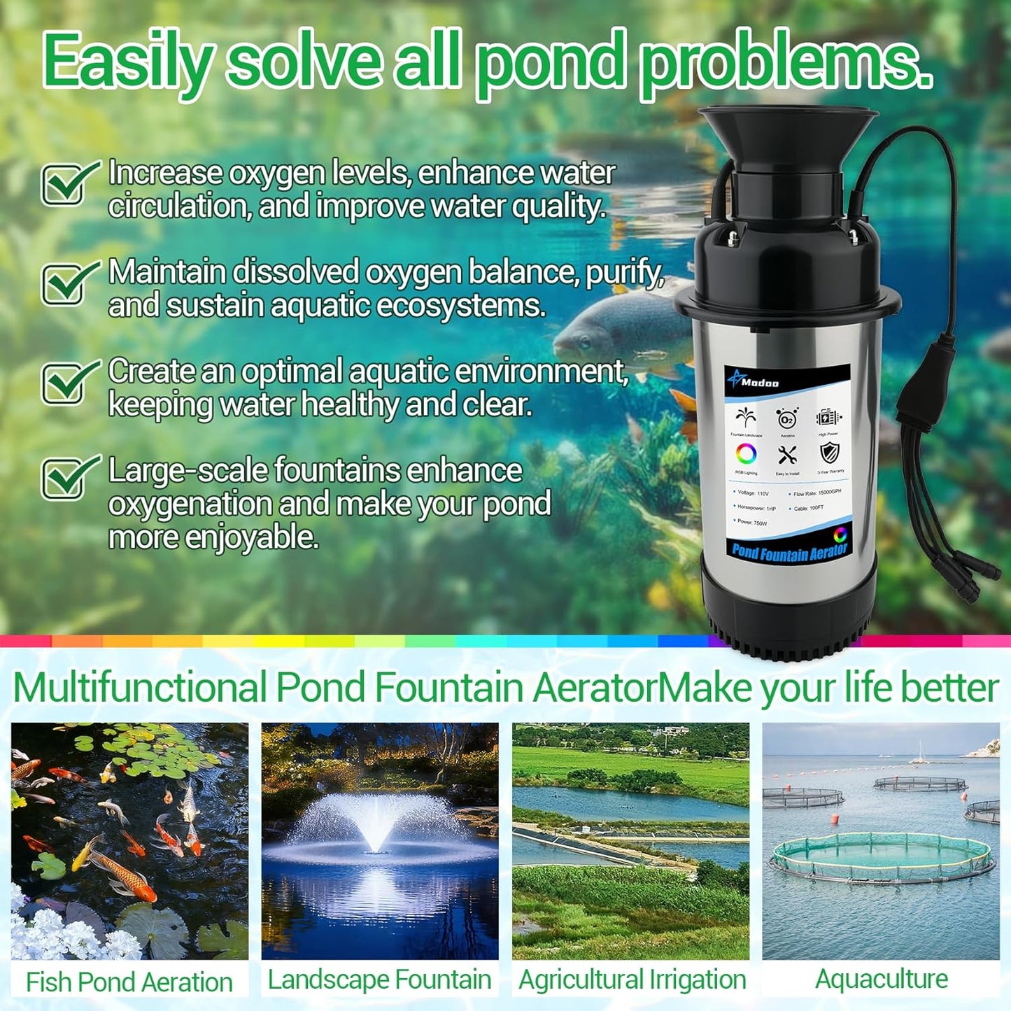 Pond Fountain Aerator with Lights RGB LED, 1HP 750W Floating Fountain System for Outdoor Lake Pond, 110V 15000 GPH Fully Automatic Stainless Steel Fountain Pump with 2 LED Lights 100 Feet Power Cord