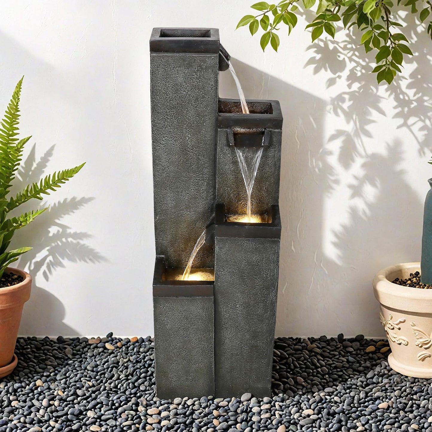 SunJet 4-Tier Modern Water Fountain, Indoor/Outdoor Resin Water Fountains with Soothing Water Sounds, Perfect for Garden, Patio, Home & Office, 12.5" L x 9.4" W x 39.3" H