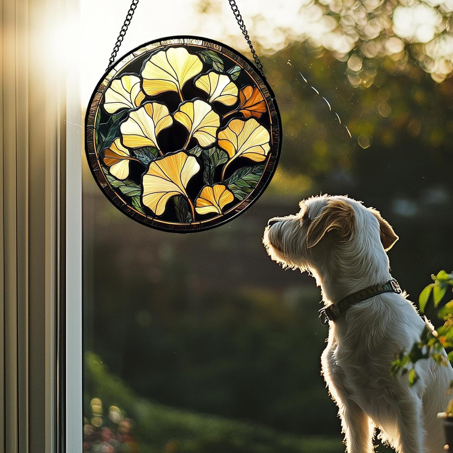 Stained Glass Window Hanging - Ginkgo Leaf Suncatcher for Doors Garden Patio Retro Fall Decor Sun Catchers Christmas Mother's Day Birthday Gifts for Women Men Mom Nana Friend 7.8 in