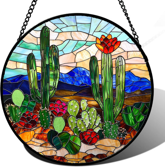 Stained Glass Window Hanging, Green Cactus Suncatcher for Doors Window Home Plant Landscape Sun Catchers Decoration Mother's Day Birthday Gifts for Women, Men, and Mom 6.3 in