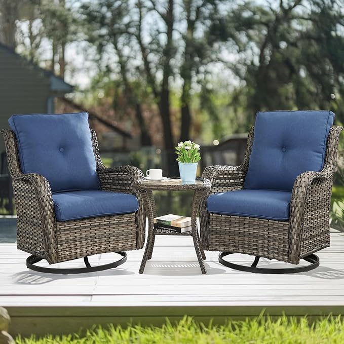 HUMMUH 5 Piece Outdoor Patio Furniture Set Wicker Conversation Bistro Set Swivel Rocking Chairs with Side Table and Ottomans for Backyard, Porch, Balcony