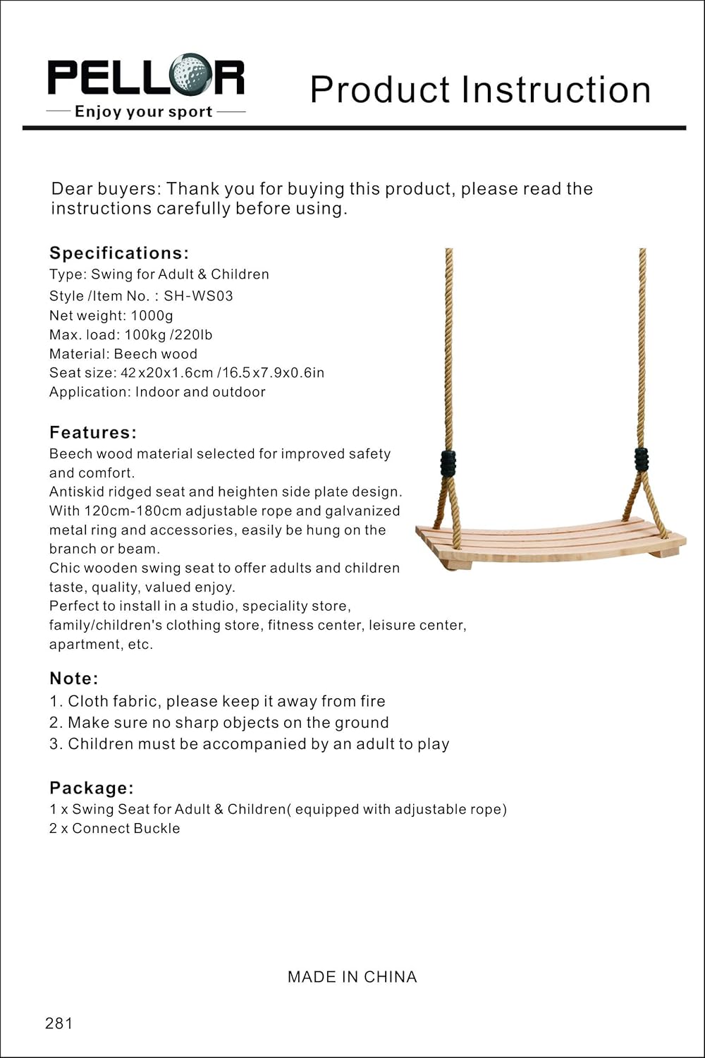 Pellor Wood Tree Swing Seat,Indoor Outdoor Rope Wooden Swing Set for Children Adult Kids (Burlywood)