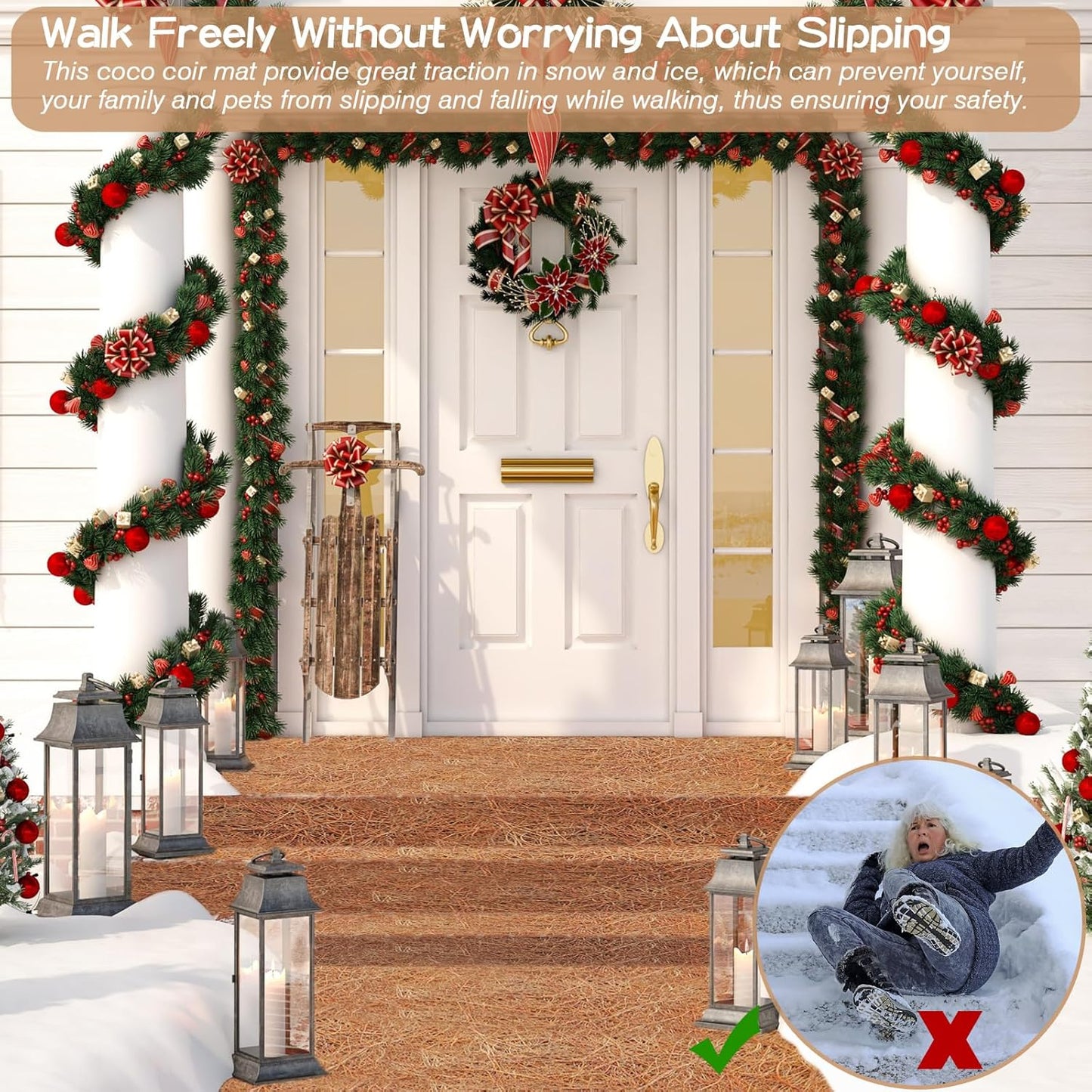 ZeeDix 4 Pack No-Slip Ice and Snow Carpet- 31 x 80 x 0.28In Thickened No Slip Ice Carpet Outdoor Runner Natural Coconut Fiber Mat for Walkway, Garden Doorway Stair Porch Outdoor Safer Walking