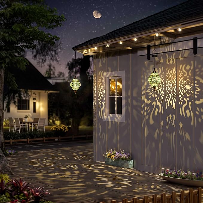 Hanging Solar Lights Outdoor Garden Decor Solar Lantern Waterproof Plastic Moroccan Outdoor Decorations for Patio Pathway Yard Backyard Garden Decorative (2 Pack, Bronze)