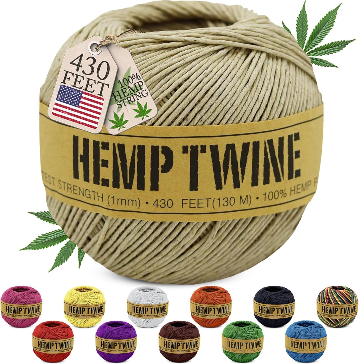 Hemp Twine for Gardening - Twine for Crafts - Organic Natural Hemp String for Jewelry Making - Strong Durable Cord for Decoration, Macrame + Cooking - 1MM 100G/430 Ft. - 20 lb. Test Strength - Natural