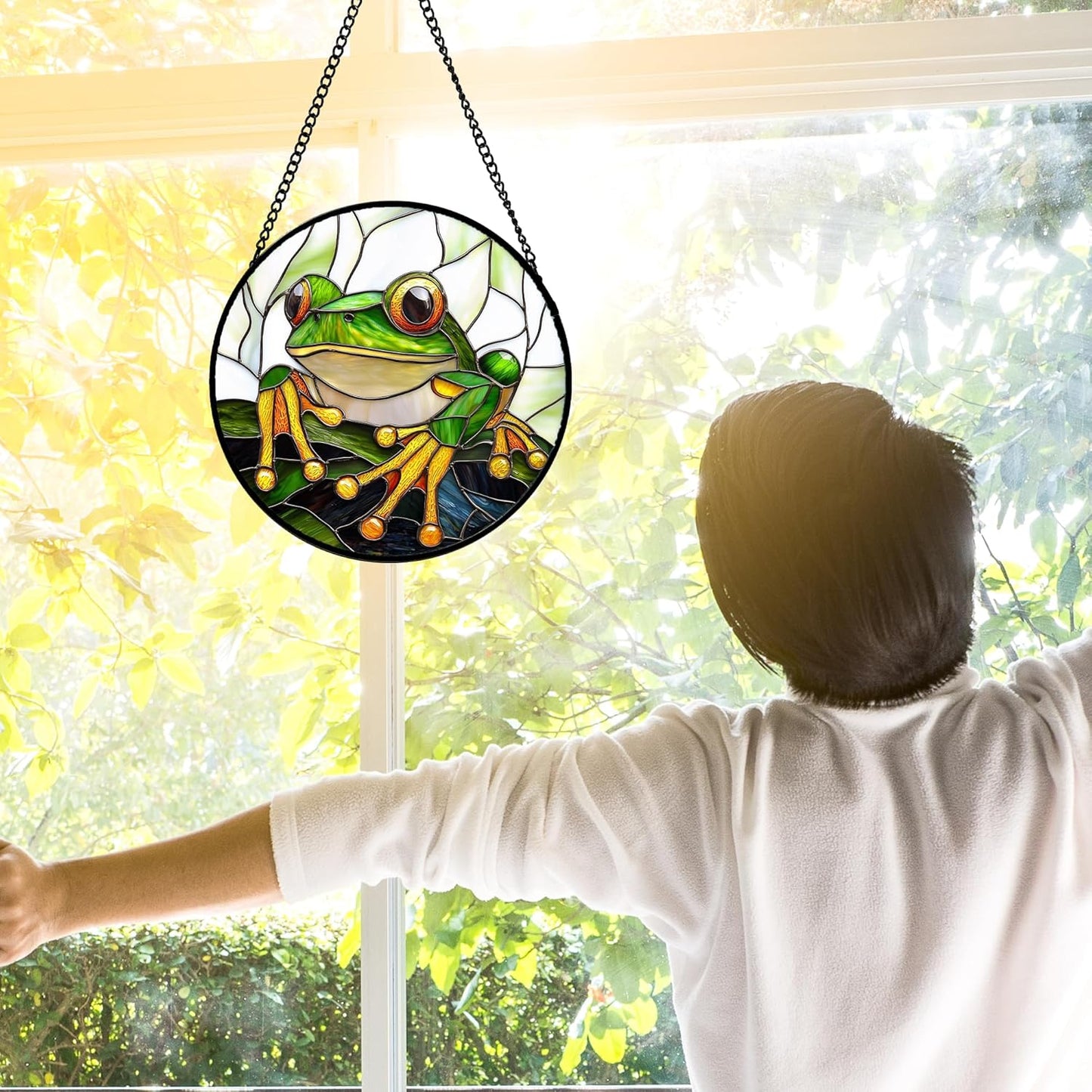 Stained Glass Window Hanging, Green Frog White Petals Sun Catchers Colorful Glass Panel Cute Suncatcher Decor for Birthday for Women, Men, Wife, Aunt, and Mom 6.3 in