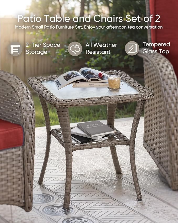 HUMMUH 3 Piece Outdoor Rocking Chairs Bistro Set-All Weather Wicker Outdoor Swivel Chairs Set of 2 with Side Table Small Patio Furniture Set for Deck Lawn Porch Balcony Poolside-Grey/Red