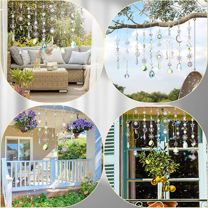 Maitys 9 Pcs 6 Pcs Crystal Suncatcher Sun Catchers Indoor Window Hanging Sun Catchers with Light Catcher with Prisms and Agate Slices for Indoor Outdoor Home Garden Wedding Decor (Elegant)