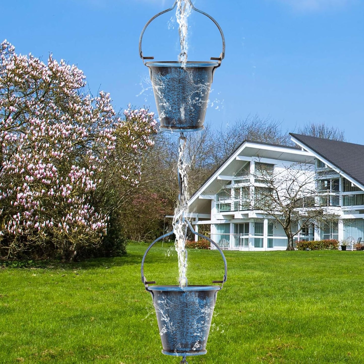 Rain Chain for Outsidewith 1 Adapter,Wrought Iron Rain Chains 9 FT Set,Rain Chains for Gutter with Rain Chain 16 Cup and Decorative Butterfly(Retro Blue)