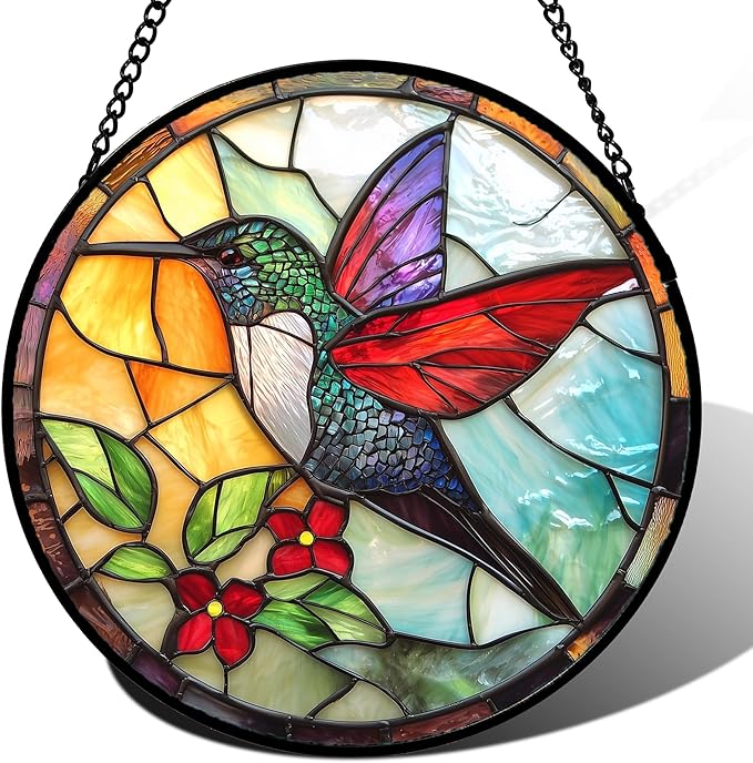 Stained Glass Window Hanging, Hummingbird Gifts Sun Catchers Diamond Glass Panel Hangings Birds Suncatcher Decor for Birthday for Women, Men, Wife, Aunt, and Mom 14.9x14.9 in