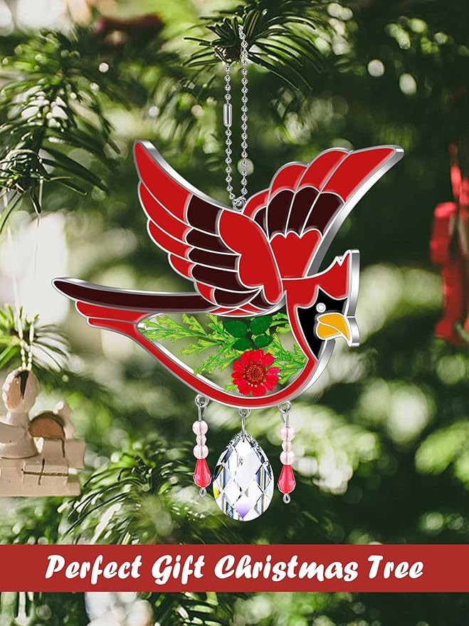 KY&BOSAM Cardinal Suncatcher Crystal Had Painted Glass Sun catchers Hangings for Windows Ornament with Pressed Real Flower and Heart Charm Birthday Gifts for Women Mom Mother's Day Christmas Mom Gifts
