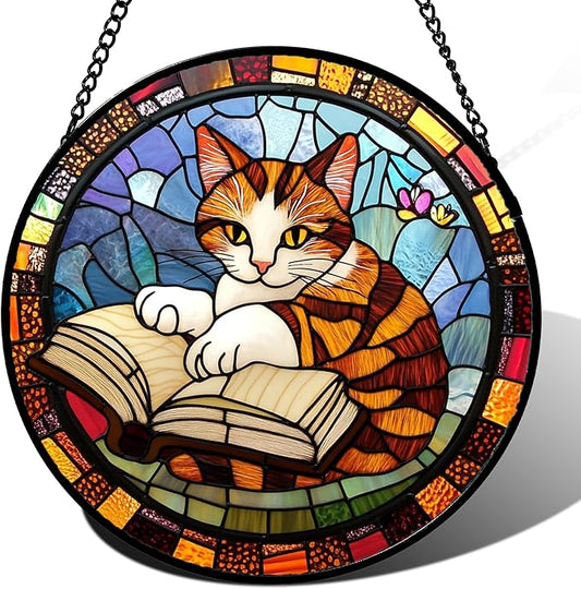 Stained Glass Window Hanging Little Cat Reading Large 15" - Suncatcher Door Garden Kitchen Sunroom Sun Catcher Home Decor Birthday for Lost Pets Mom Grandma Men Woman Friend