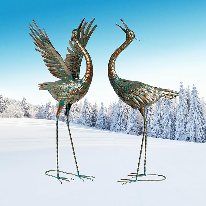chisheen Crane Garden Statues Outdoor Metal Heron Yard Art Crane for Garden Sculptures Patio Lawn Ornaments,Set of 2