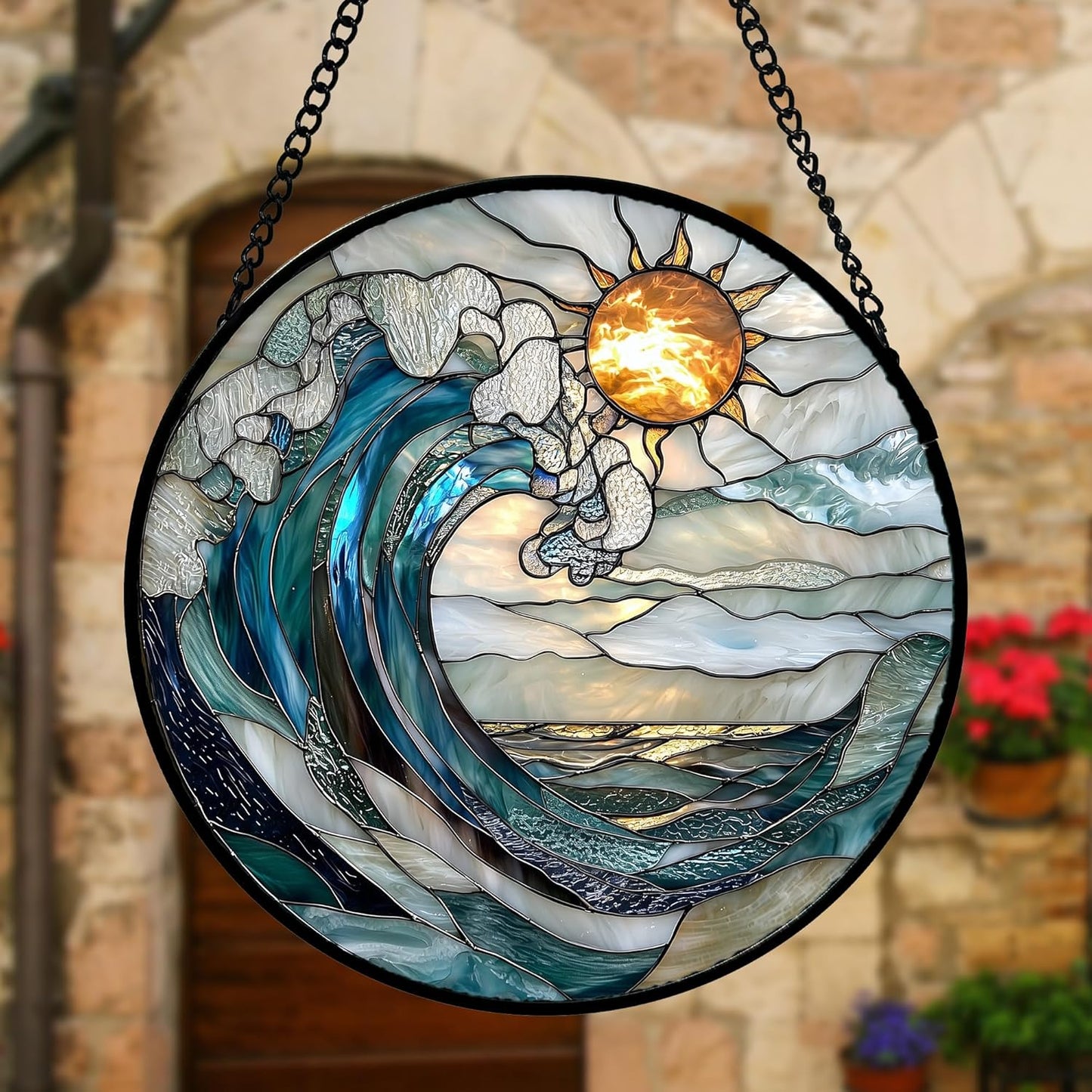 Stained Glass Window Hanging, Blue and White Waves Suncatcher Diamond Glass Panel Landscape Sun Catchers Decor for Birthday for Women, Men, Wife, Aunt, and Mom 11.8x11.8 in