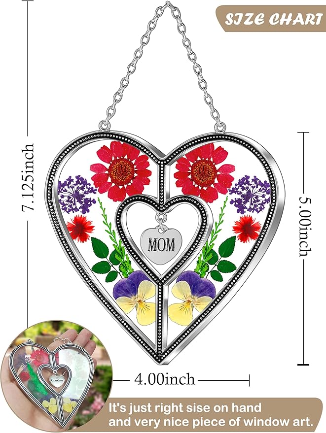 KY&BOSAM Heart Suncatcher Mom Gift Ornament Stained Glass Panles Hangings for Windows Sun Catcher with Pressed Flower Heart in Glass Birthday Gifts for Women Mother`s Day Christmas Home Garden Decor