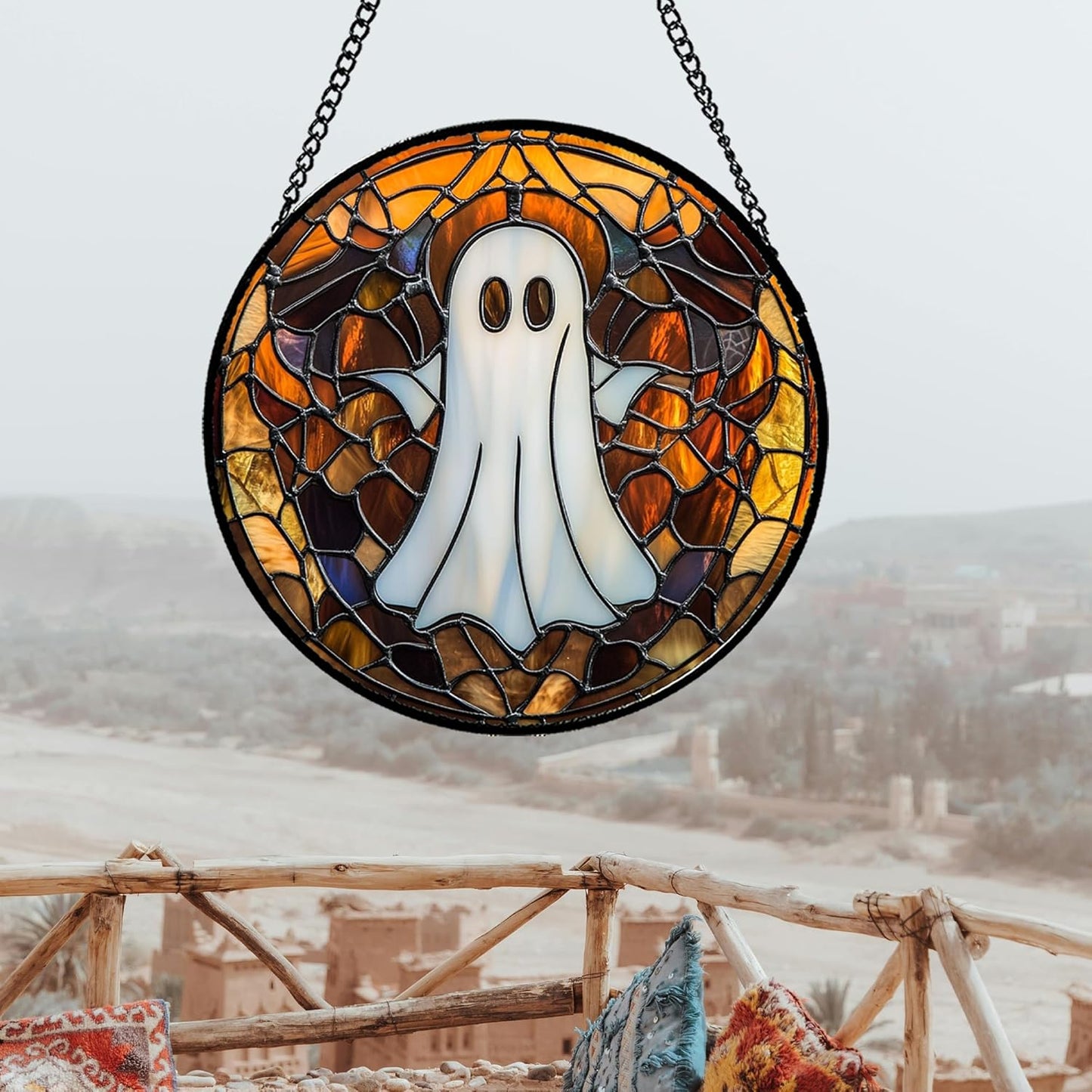 Stained Glass Window Hanging Halloween White Horror Ghost 7.8" - Suncatcher Door Garden Kitchen Sun Catcher Home Gothic Decor Birthday for Mom Men Woman Friend Grandma