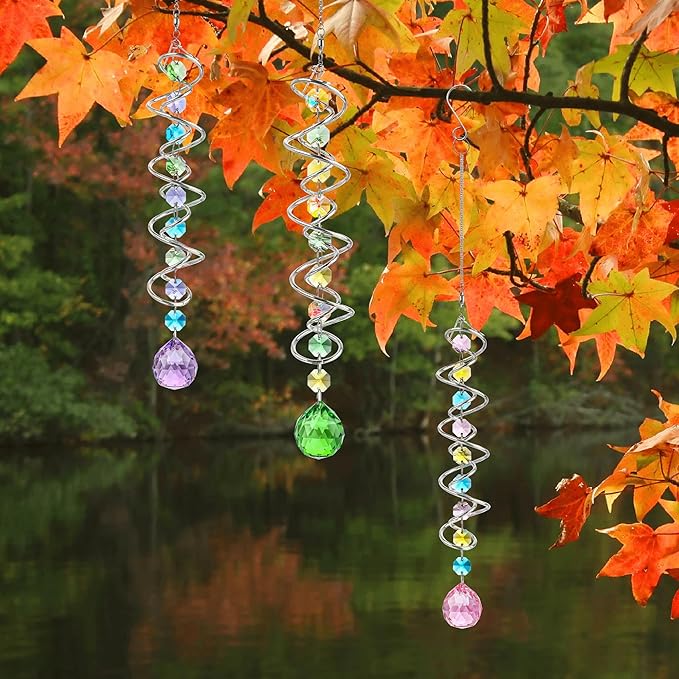 H&D HYALINE & DORA Set of 3 Crystal Sun Catcher for Window Hanging Double-Spiral Gazing Ball Spiral Tail Rainbow Maker Wind Spinners Outdoor for Garden, Patio, Porch, Christmas