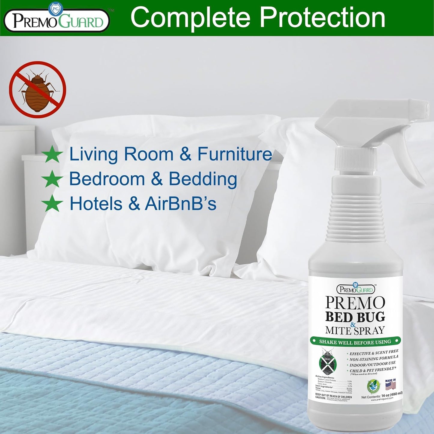 Premo Guard Bed Bug Killer Spray 16 oz - University Tested 100% Kill Rate - Natural Non Toxic, Stain & Scent Free - Kill Bedbugs & Mites On Bed & Blankets, Furniture, Clothing - Child & Pet Safe