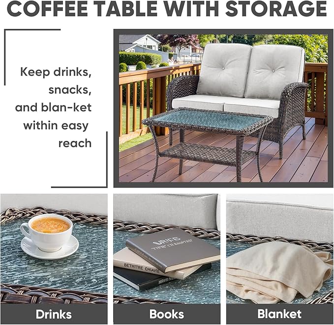 HUMMUH Outdoor Loveseat Sofa 2-Seat PE Wicker Outdoor Couch with Coffee Table, Deep Seat High Back Patio Furniture for Patio, Garden, Porch, Deck (Beige)