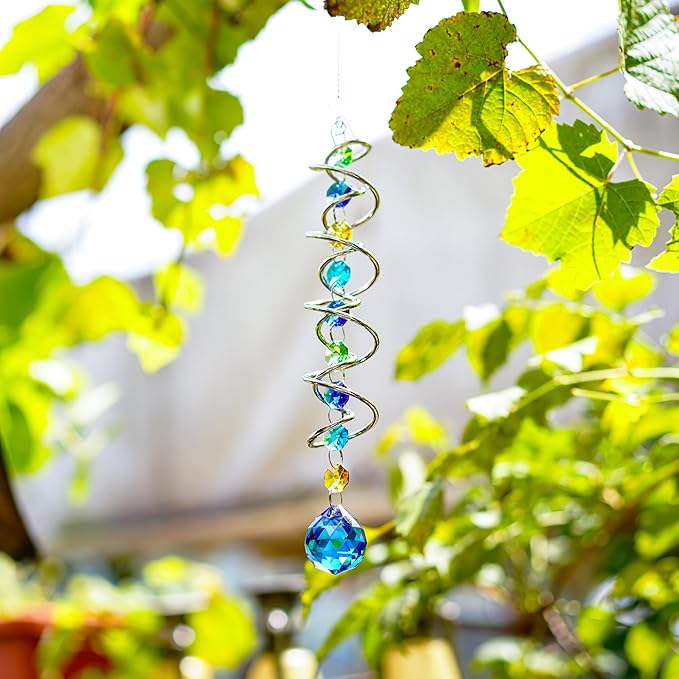 H&D HYALINE & DORA 17.7inch Gazing Ball Spiral Tail,Decorative Wind Spinner Sun Catcher,Rainbow Maker Double-Spiral W/Sea Blue Crystal Ball and Chain,Glass Crystals for Indoor Outdoor Decoration
