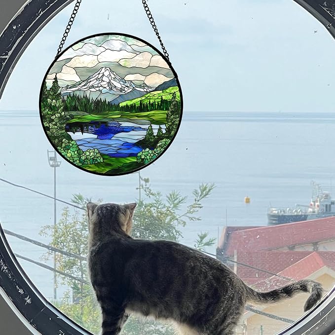 Stained Glass Window Hanging 4 Pcs Set Mountains Lake Green White Landscape 9.8" - Suncatcher Door Garden Sun Catcher Decor Birthday Christmas for Mom Woman Nana Men