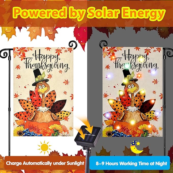 Solar Seasonal Garden Flags Set of 12, Lighted 12×18 Double-Sided Yard Flags for Outside Halloween Christmas Fall Thanksgiving Day Decorations Welcome Flag Outdoor Holiday Decor