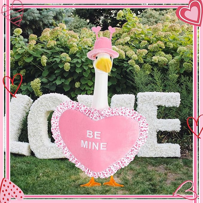Valentine Goose Outfits Pink Heart Porch Goose Outfit Lawn Porch Goose Clothes Fits 23" Cement Plastic Goose Statue for Valentine's Day Outdoor Garden Yard Patio Art Decor (Pink)