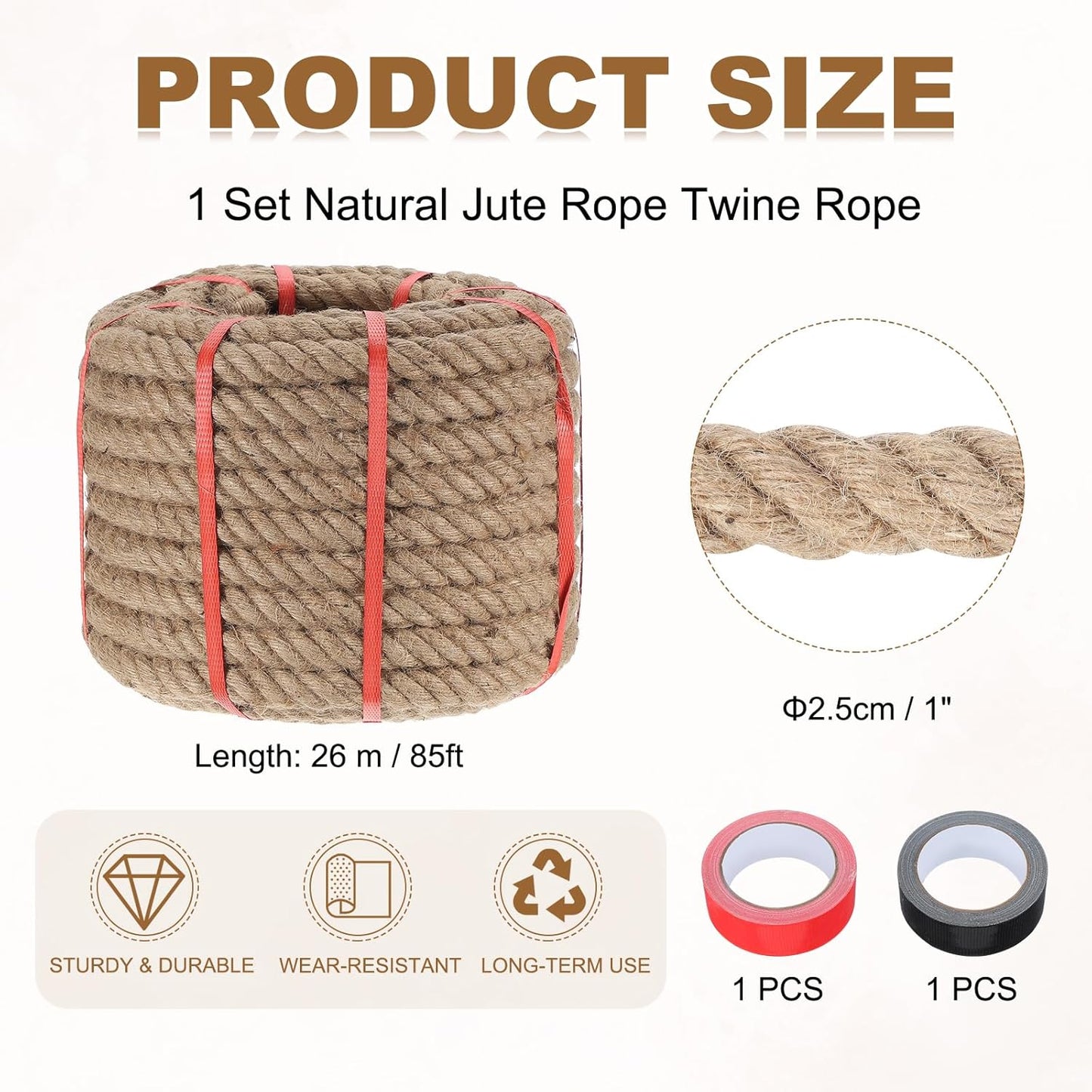 MECCANIXITY Jute Rope 1 Inch x 85ft, Thick Twine Rope Ropes Braided Jute Twine Natural Brown Burlap Cord String Heavy Twisted with Tapes for Decorative Crafts Railing Swing Tug of War