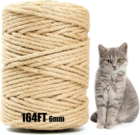 Natural Jute Twine String - 6mm x 164FT Long | Extra Strong & Eco-Friendly for Crafts, Gardening, Packaging, Cat Scratching Posts, and DIY Projects