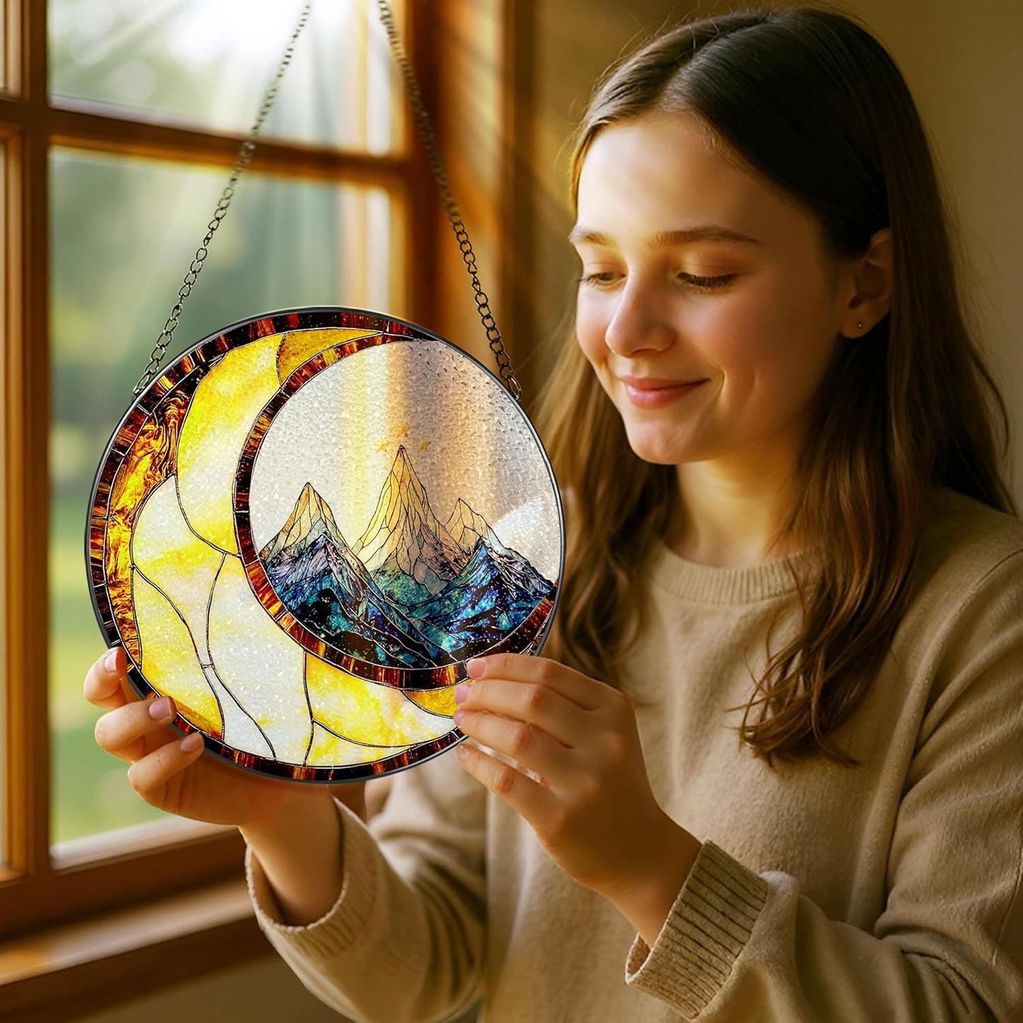 Stained Glass Window Hanging, Pauyadu 8 Inch Night Court Suncatcher Ornament, Stained Glass Suncatcher, Suncatchers for Windows Hanging, Window Decor, Gifts for Friend, Lover, Family, Artist