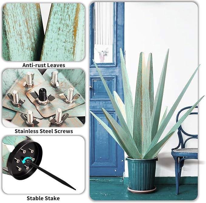 Large Tequila Rustic Sculpture, Rustic Metal Agave Plants for Outdoor Patio Yard, Home Decor Hand Painted Metal Agave Garden Yard Statue, Outdoor Lawn Ornaments (Mint Green - M)