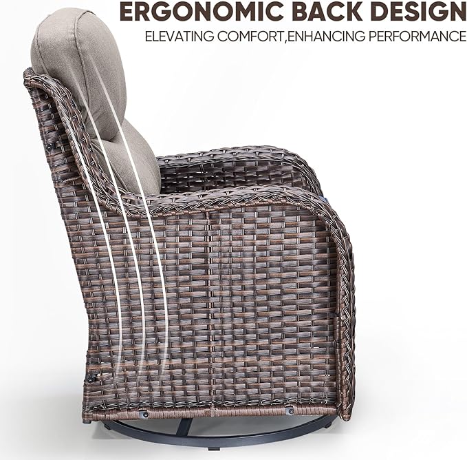 Swivel Patio Chairs sofa Set of 4 with 6" Thick Cushion - Wicker Outdoor Swivel Rocker Patio Chair ,Sofa/Glass coffee table, High Back Comfortable Outdoor Glider Chairs - Brown Wicker Grey Cushions