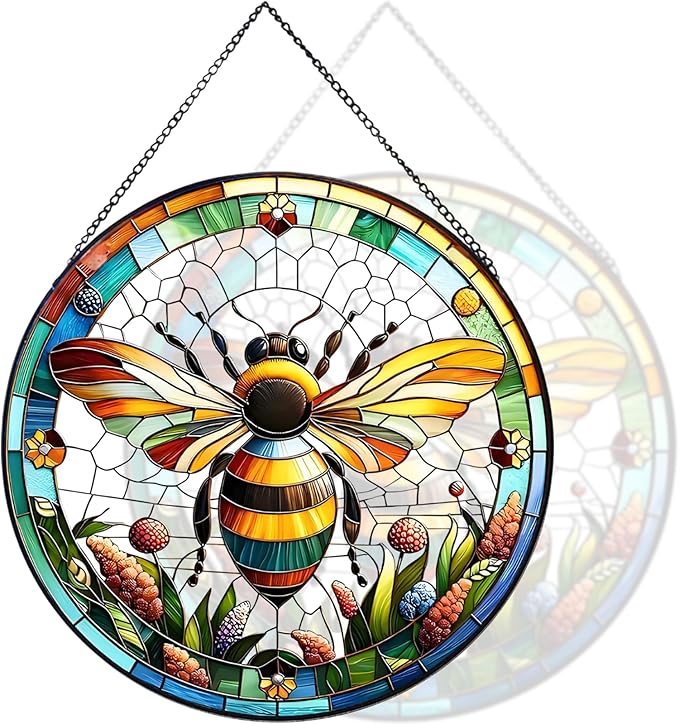 RIVEENY Bumblebee Stained Glass Window Hangings,8''Bee Suncatcher Stained Glass Window Panel Gift for Christmas Anniversary Birthday Mother's Day