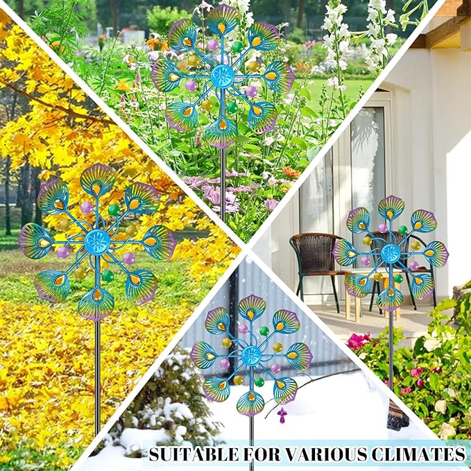 Peacock Wind Spinner Outdoor, Standing Wind Sculpture Yard Art Decorations, Metal Windmill for Patio Lawn & Garden Decor (2pcs-Blue Green)