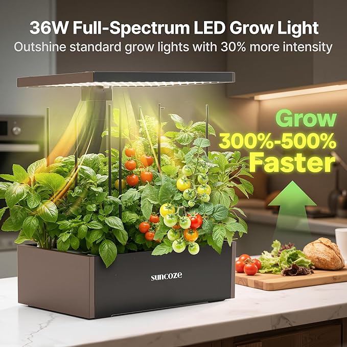 SUNCOZE Hydroponics Growing System Kit, 20 Pods Indoor Herb Garden with 10L Water Tank & Adjustable Height 25", 30W LED Grow Light, LCD Display with Veg/Flower Modes, Pump & Low Water Reminder, Black