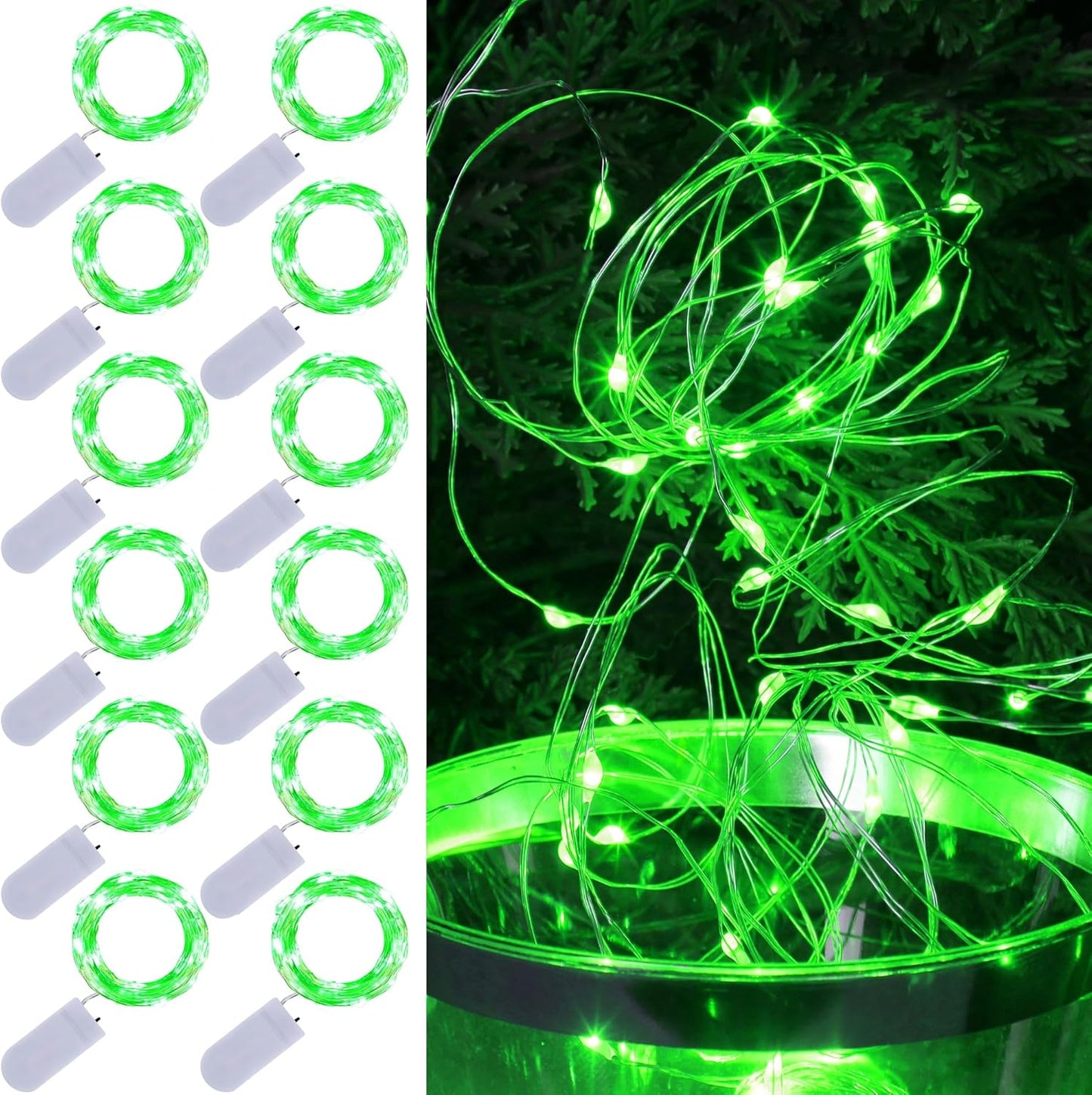 WATERGLIDE 12 Pack Fairy Lights Battery Operated (Included), 7 ft 20 LED Mini String Lights, Waterproof Silver Wire Firefly Starry Light for DIY Christmas St. Patricks Day Mason Jars Decor, Green