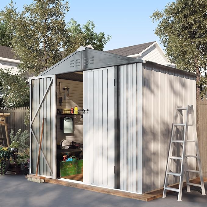 Greesum 8x6FT Outdoor Storage Shed, Utility Tool Shed Metal Storage Garden Shed with Door & Lock for Patio Storage, White