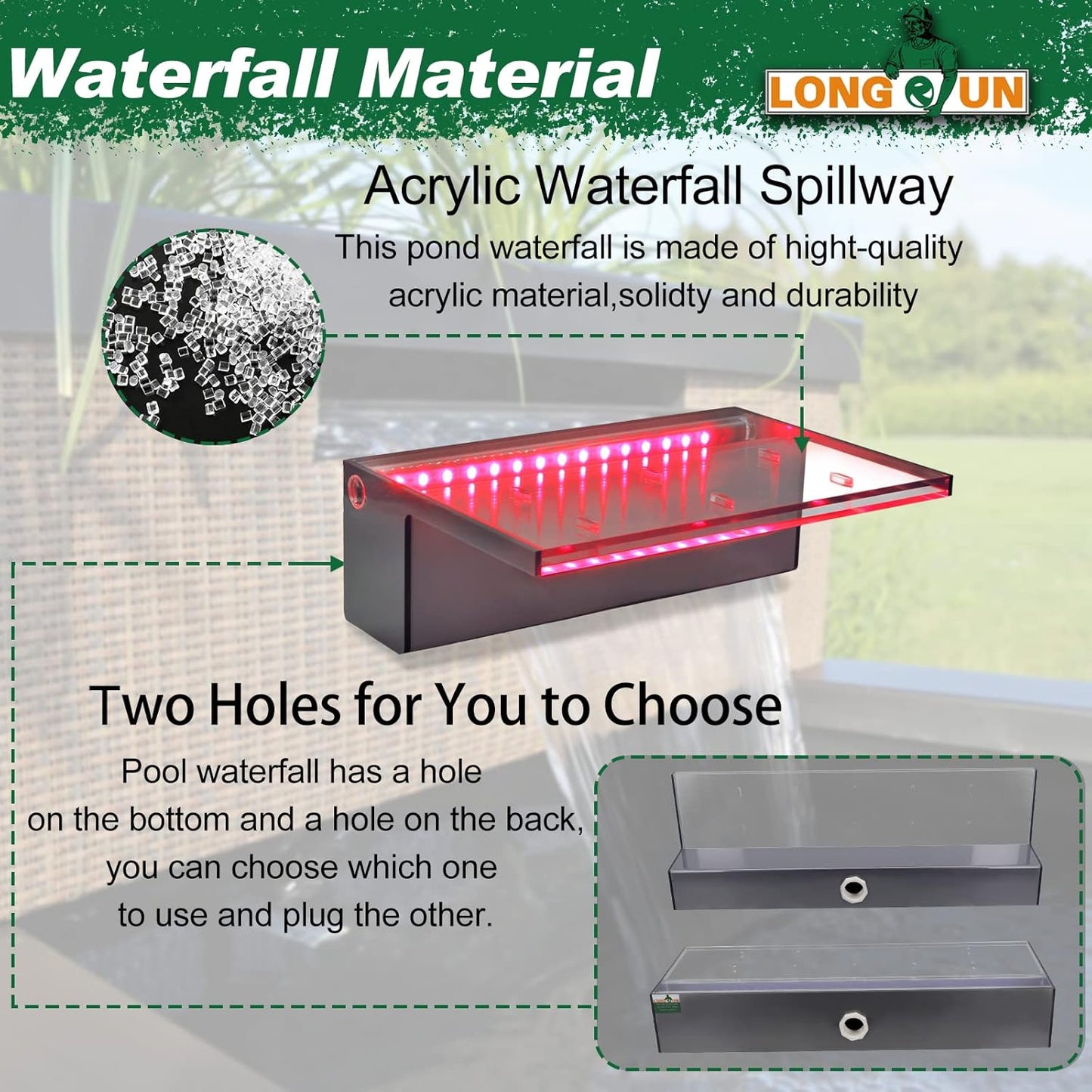 LONGRUN Waterfall Spillway Multi-Color LED Light Outdoor Pool Fountain, Acrylic Water Spillway Koi Pond Waterfalls Fountains Kit for Garden Patio Swimming Pool Koi Ponds Decoration-11.8"