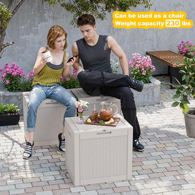 DRATO 31 Gallon Deck Box, Outdoor Storage Box for Patio Cushion, Garden Tools, Waterproof Resin Storage Box (Light Brown)