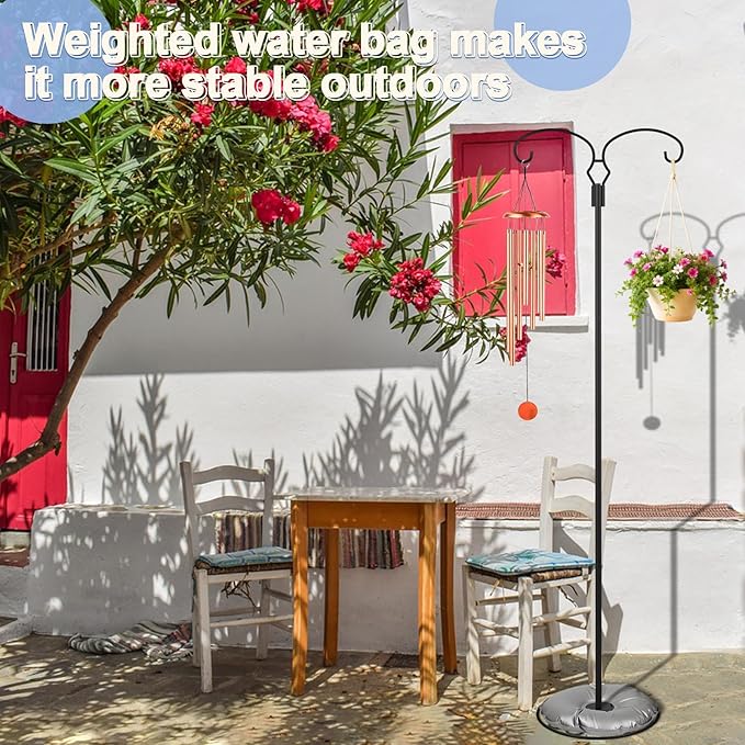 Liitrton 62.6 Inch Shepherds Hooks for Outdoor, Adjustbale Double Shepherds Hooks Hummingbird Feeder Stand Bird Feeder Pole Wind Chime Stand with Round Base, 4 Prongs Base and Water Weight Bag