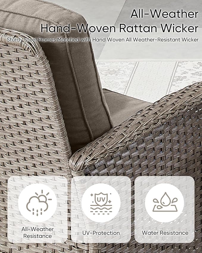 HUMMUH 7 Pieces Outdoor Furniture Set-All Weather Wicker Rattan Couch with Outdoor Rocking Chair Patio Furniture for Deck Lawn Porch Balcony Poolside-Grey/Grey